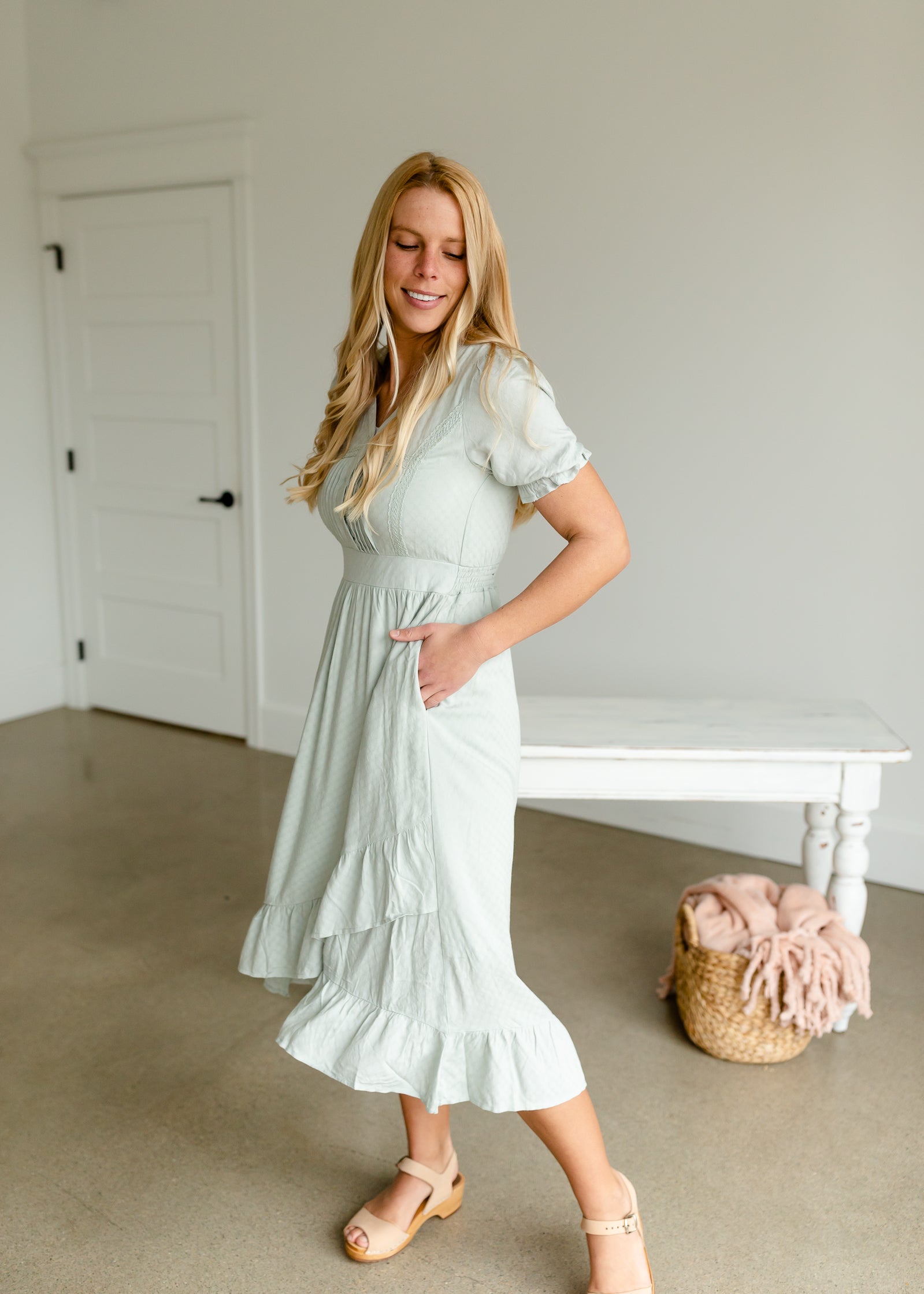 Dusty Sage V-Neck Ruffled Hem Midi Dress Dresses