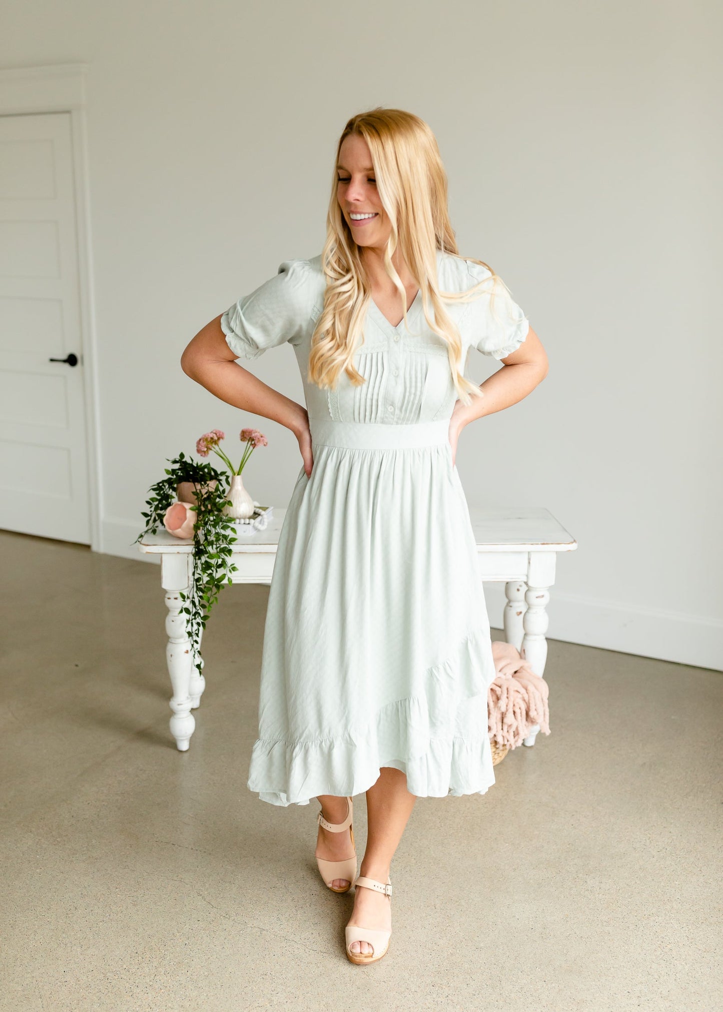 Dusty Sage V-Neck Ruffled Hem Midi Dress Dresses