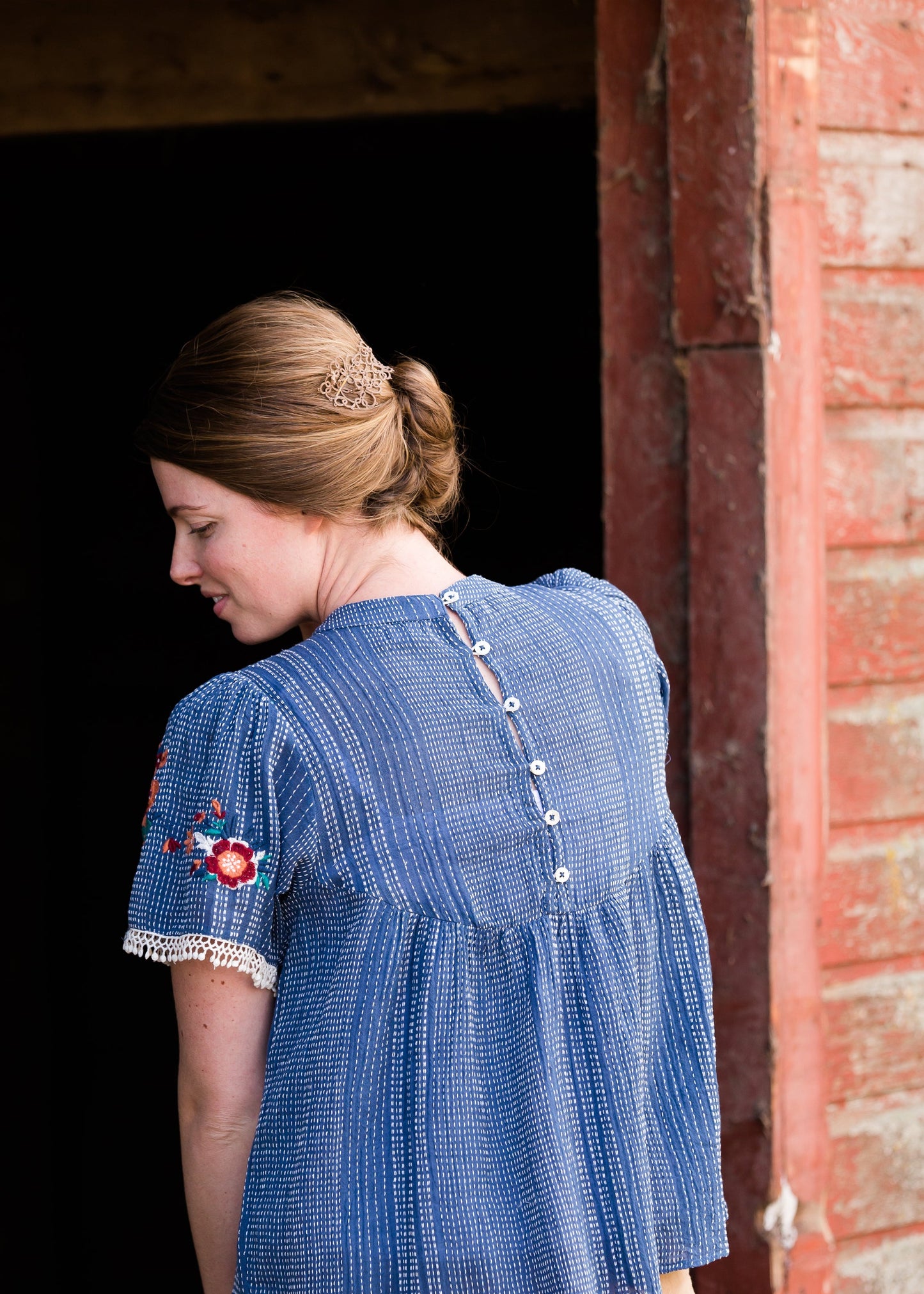 Blue Embroidered Floral Striped Top