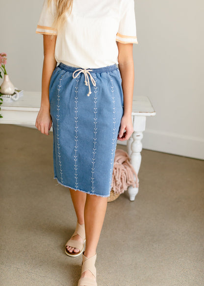 Embroidered Stretch Denim Midi Skirt Skirts