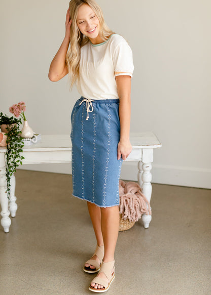 Embroidered Stretch Denim Midi Skirt Skirts