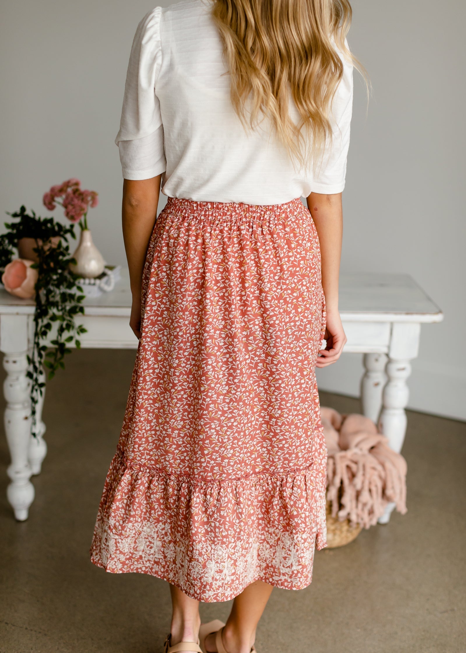 Embroidered Terracotta Tiered Midi Skirt Skirts