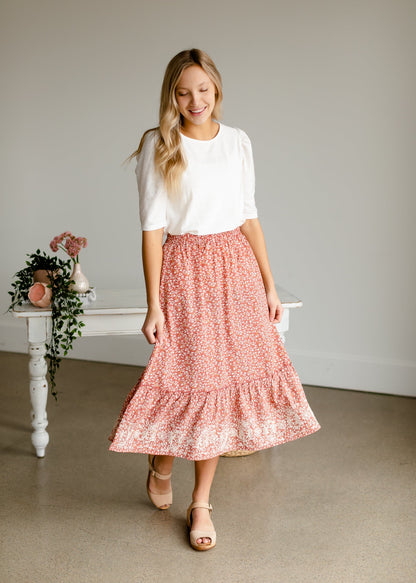 Embroidered Terracotta Tiered Midi Skirt Skirts