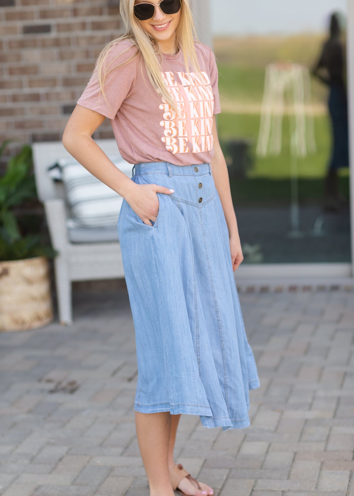 Faux Button Flowy Chambray Midi Skirt Skirts