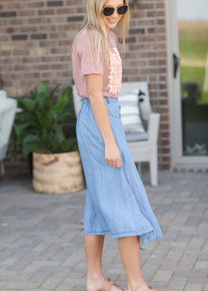 Faux Button Flowy Chambray Midi Skirt Skirts