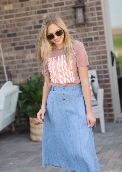 Faux Button Flowy Chambray Midi Skirt Skirts