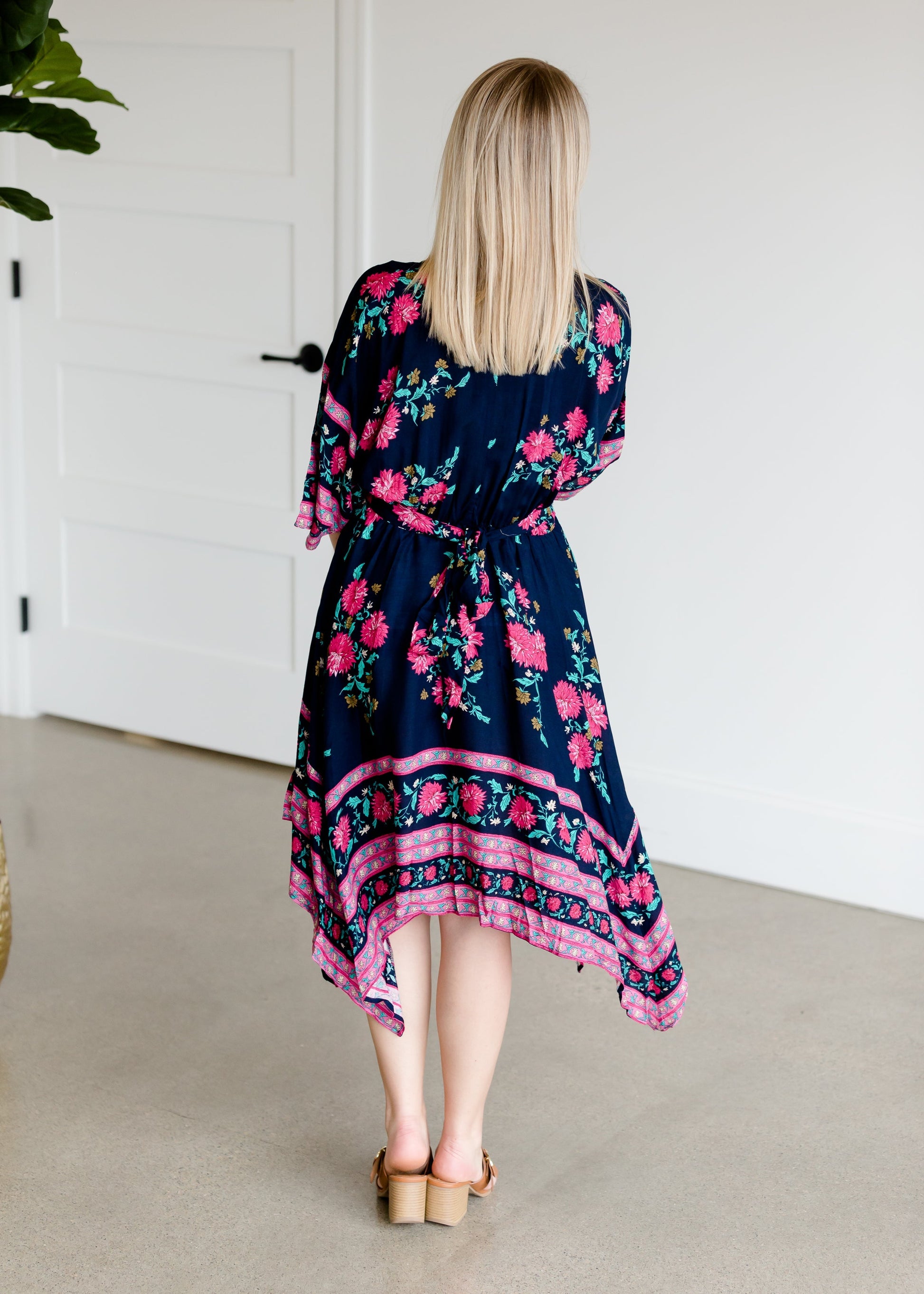 Floral 3/4 Sleeve Asymmetrical Hem Midi Dress - FINAL SALE Dresses