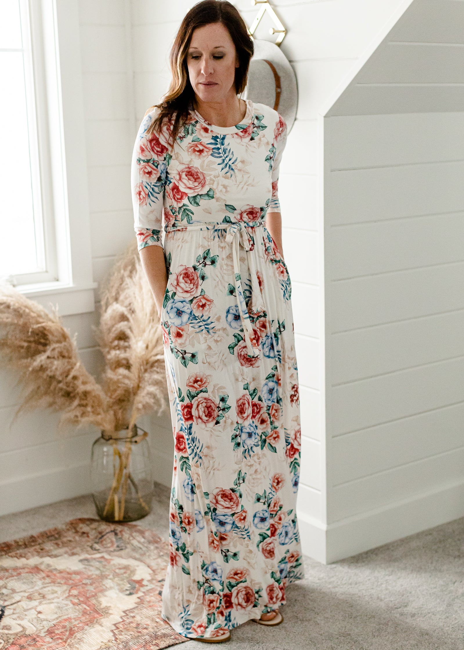 Floral 3/4 Sleeve Belted Maxi Dress - FINAL SALE Dresses