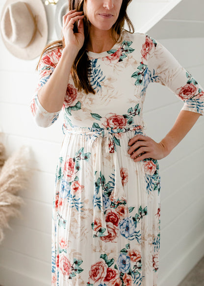 Floral 3/4 Sleeve Belted Maxi Dress - FINAL SALE Dresses