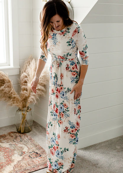 Floral 3/4 Sleeve Belted Maxi Dress - FINAL SALE Dresses