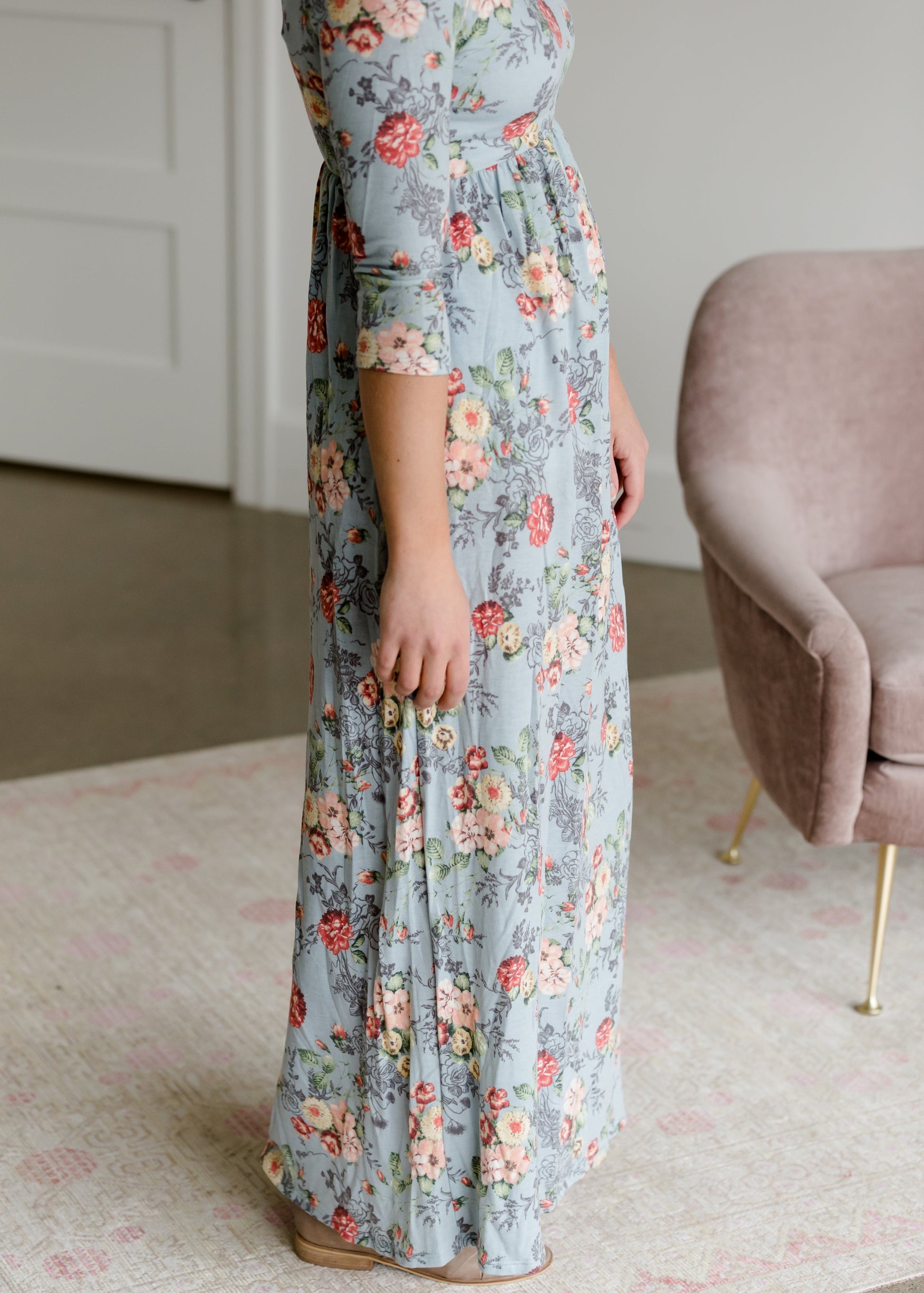 Floral 3/4 Sleeve Empire Waist Maxi Dress Dresses