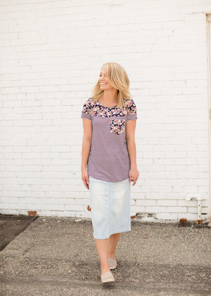 Navy Striped Modest Tee with a Floral Top and Pocket 