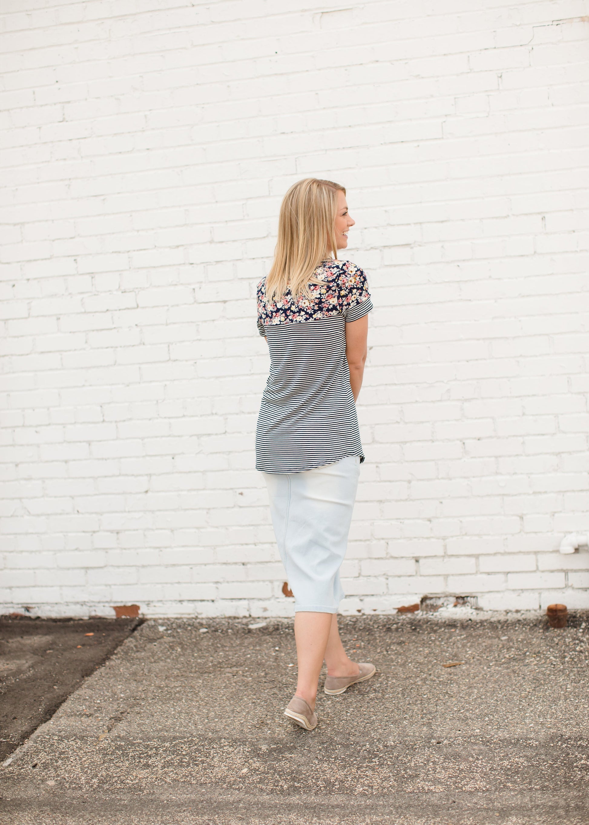 Navy Striped Modest Tee with a Floral Top and Pocket 