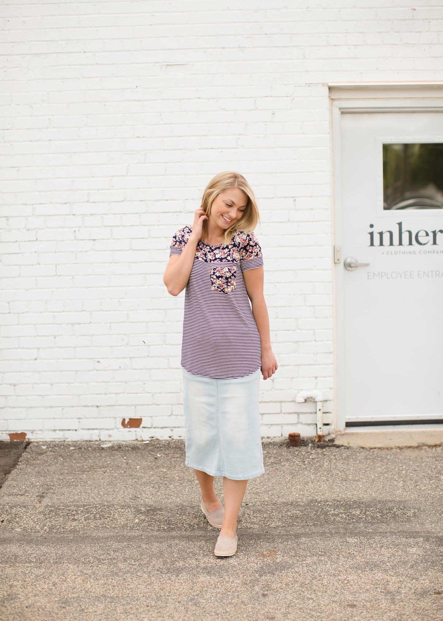 Navy Striped Modest Tee with a Floral Top and Pocket 