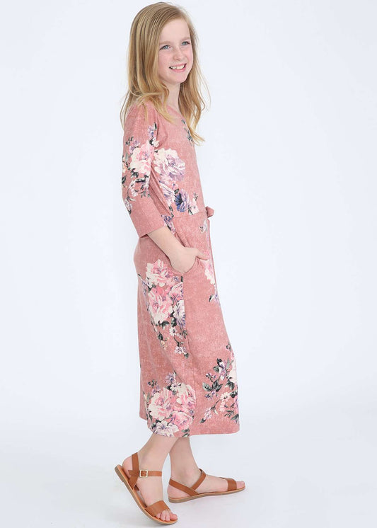 Blush colored modest girls floral midi dress