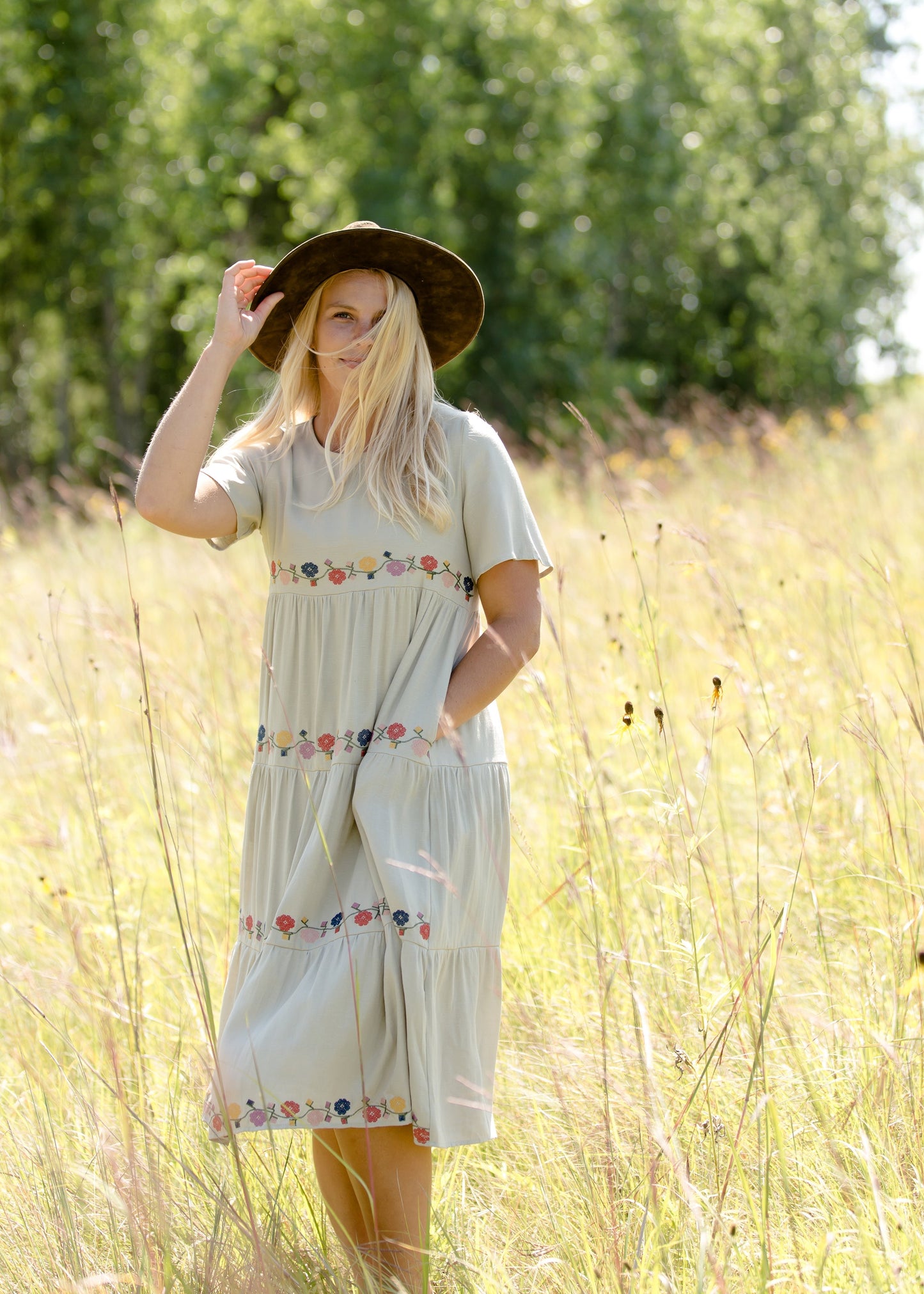 sage floral embroidered midi dress