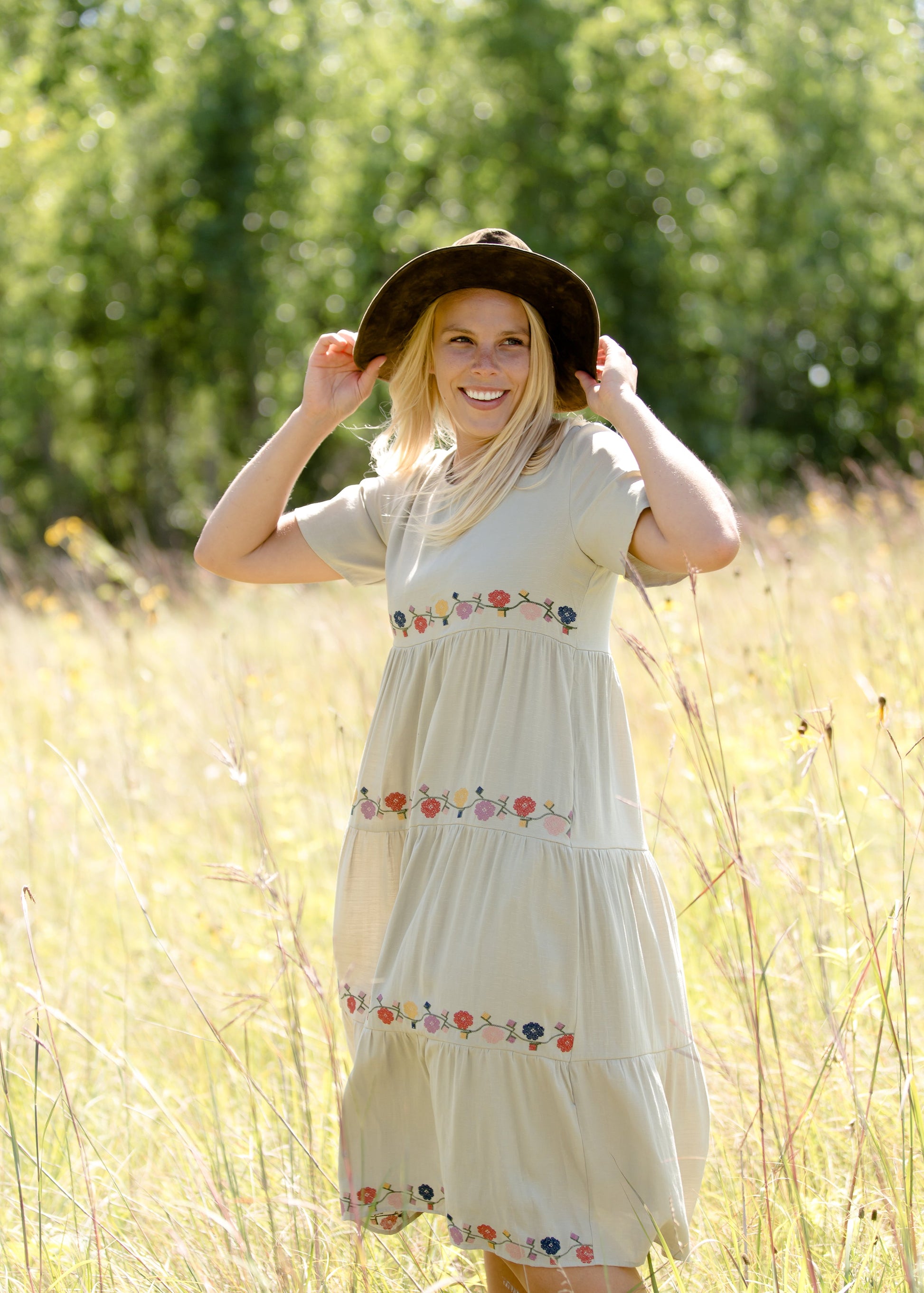 sage floral embroidered midi dress