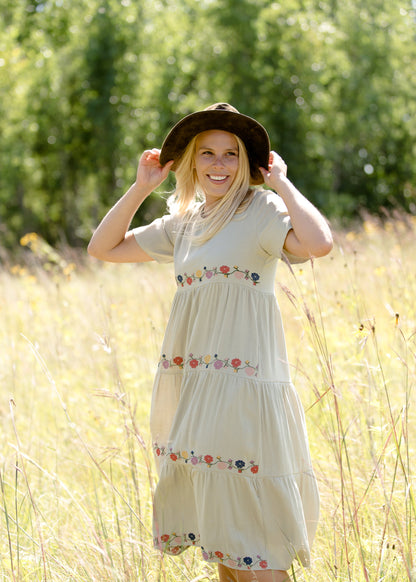 sage floral embroidered midi dress