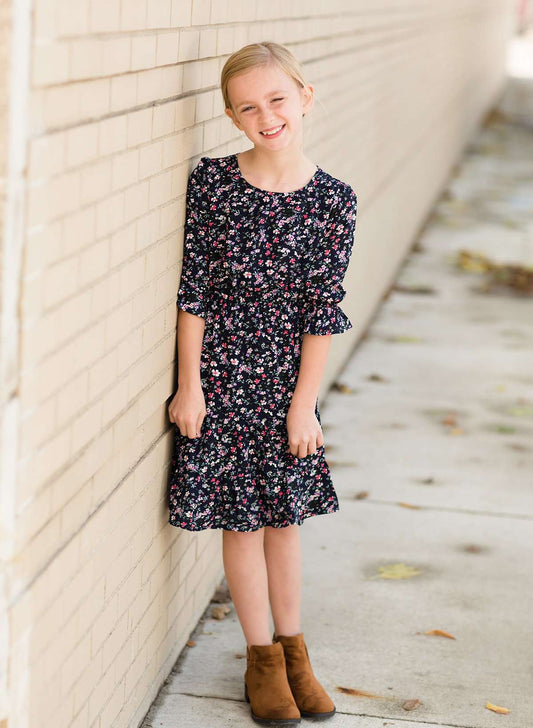 Modest girls and conservative teens navy and floral below the knee midi dress