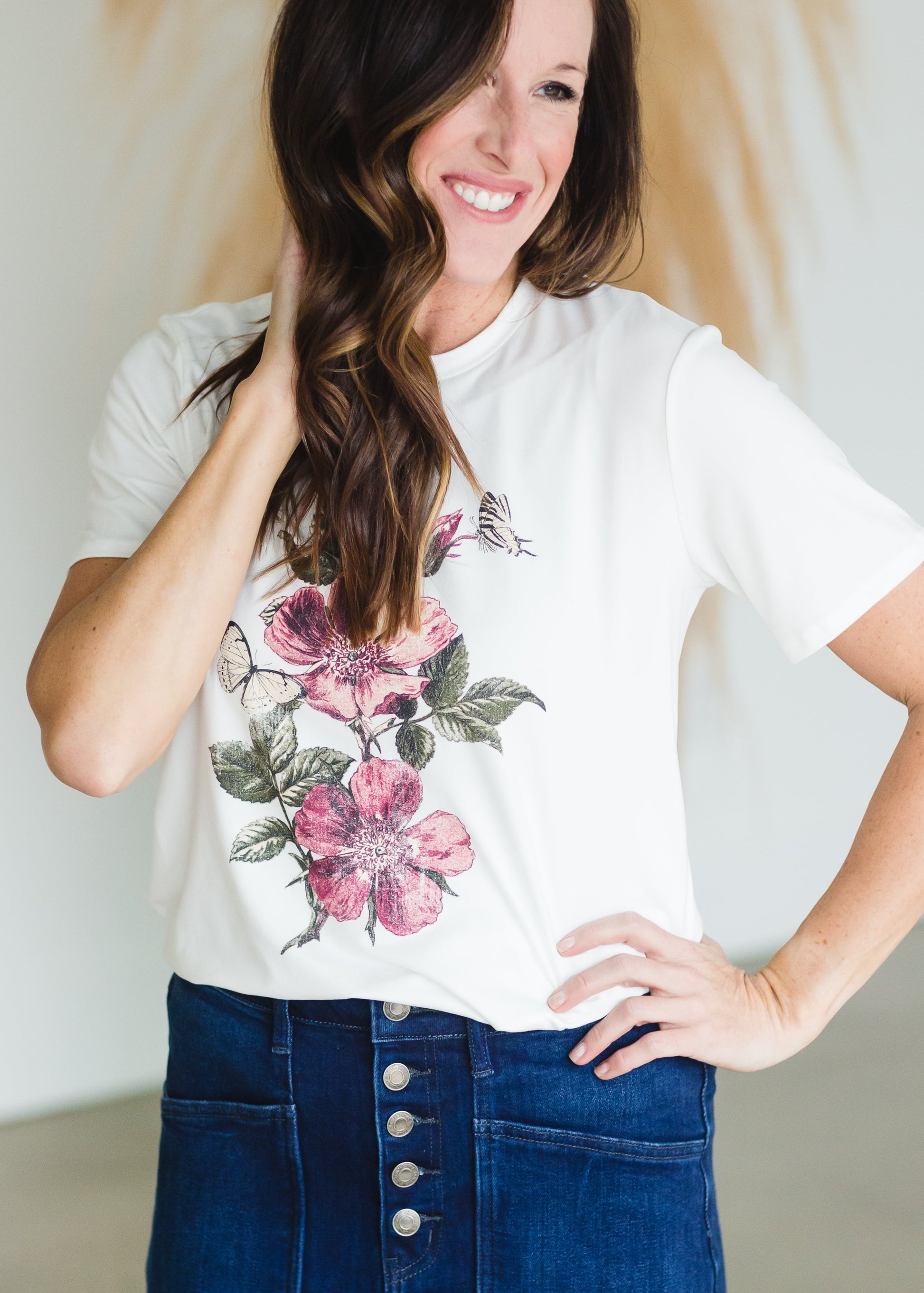 Floral Graphic Print Tee Tops