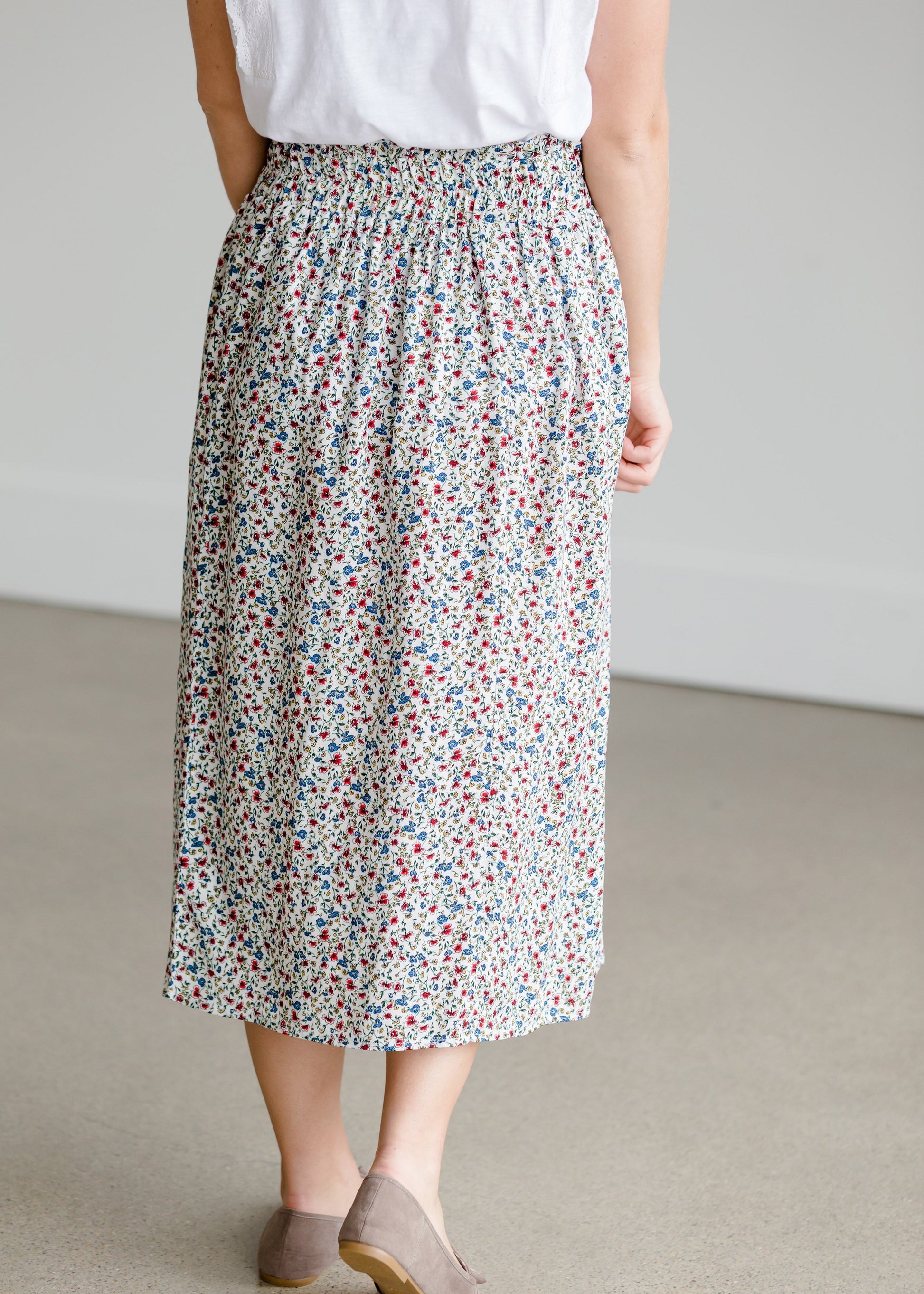 Floral Print Ivory Midi Skirt Skirts