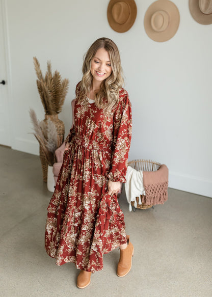 Floral Print Ruffle Hem Tiered Maxi Dress Dresses Polagram