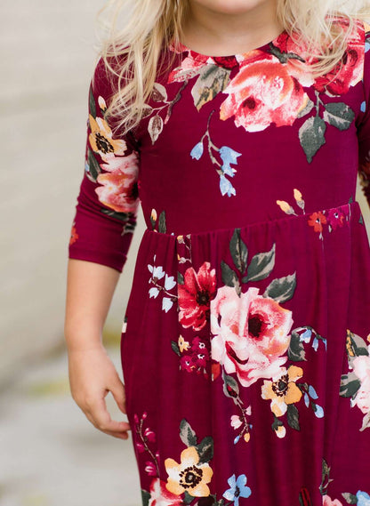 Modest Girls Burgandy and Olive Floral Toddler Maxi Dress