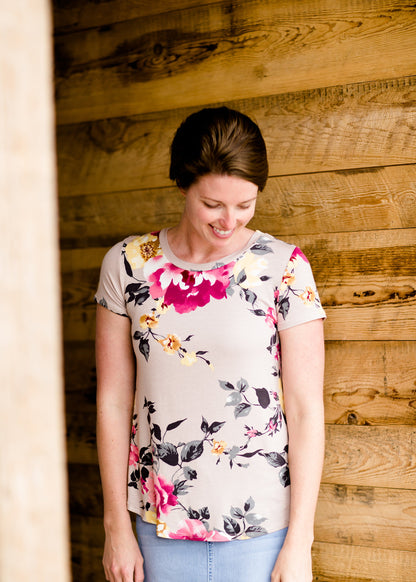 women's mauve tee with pink and yellow floral 