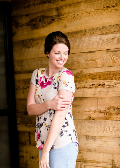 women's mauve tee with pink and yellow floral 