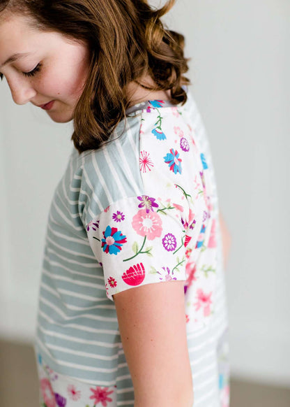 Girls mint and floral stripe modest tee shirt