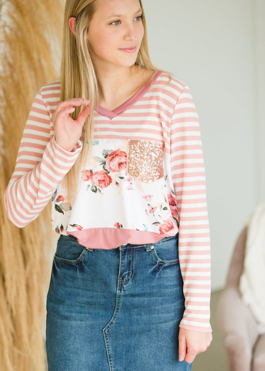 Floral Striped Sequin Pocket Top - FINAL SALE Tops