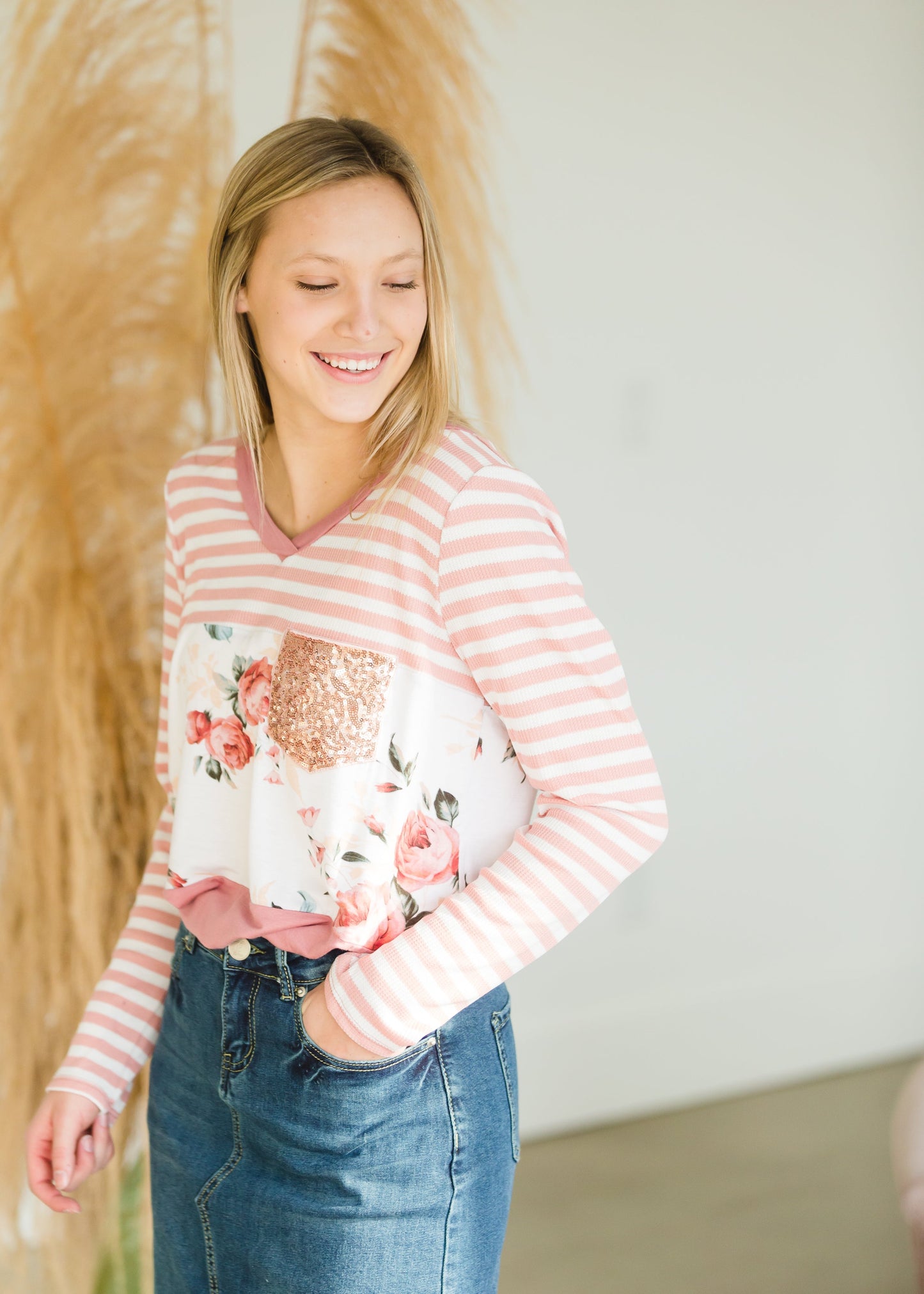 Floral Striped Sequin Pocket Top - FINAL SALE Tops