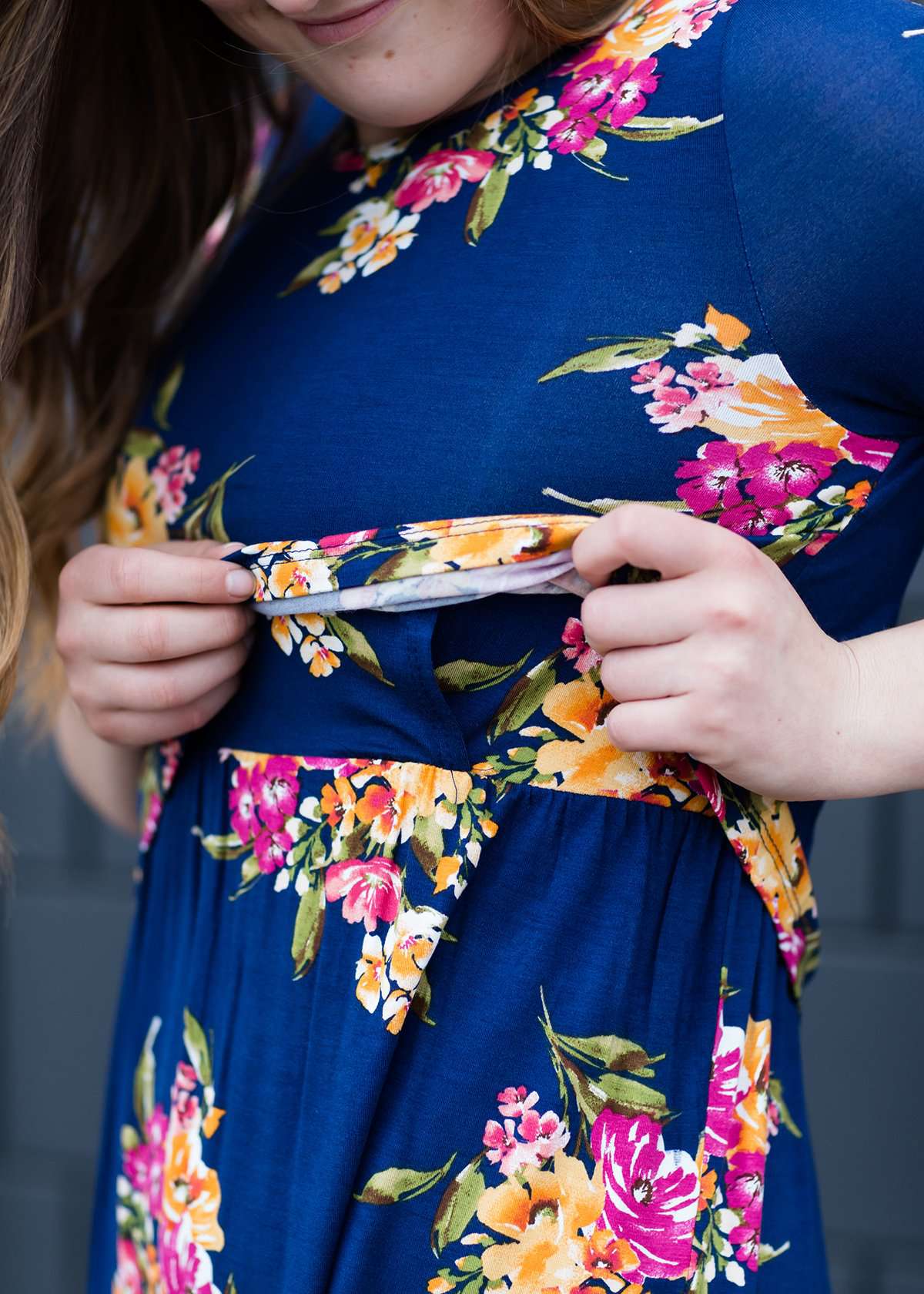 Navy and floral modest nursing friendly mid dress