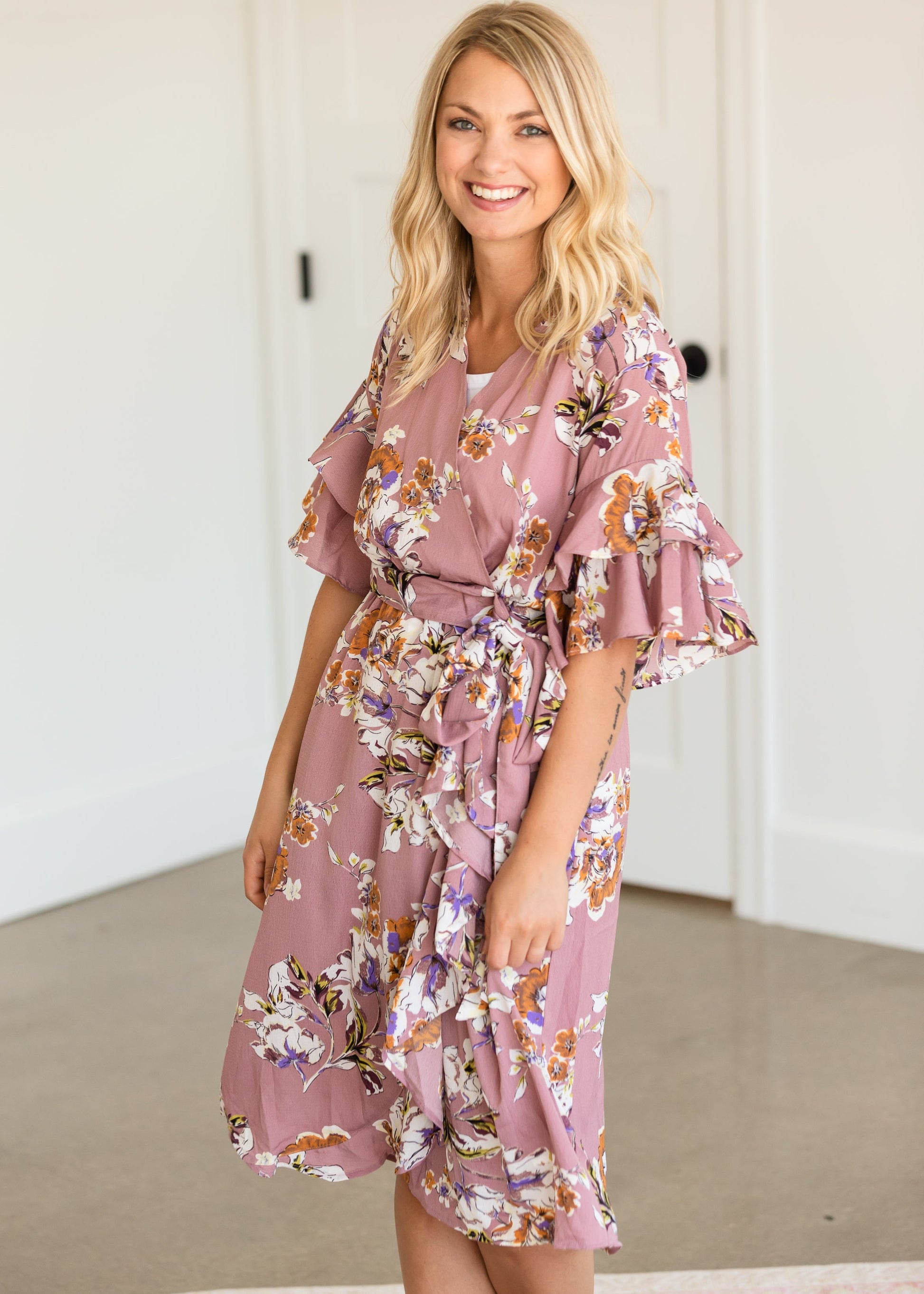 Floral Waist Tie Ruffle Sleeve Midi Dress - FINAL SALE Dresses