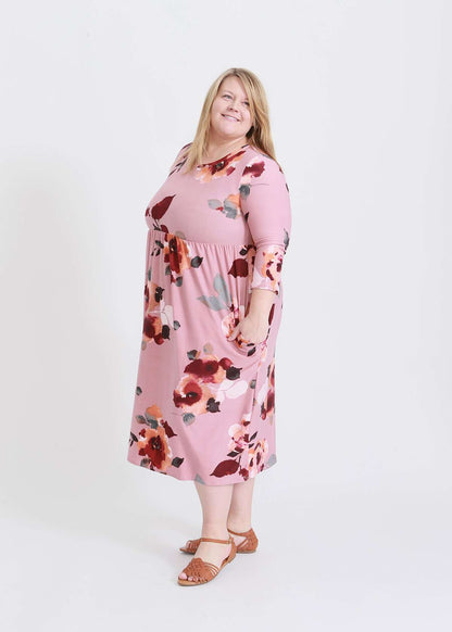 mauve plus size midi dress with beautiful floral patterns