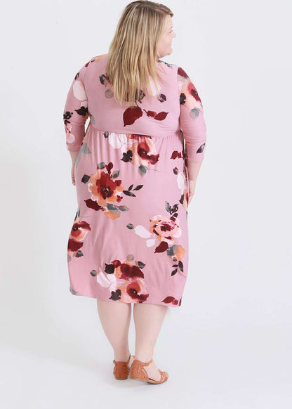 mauve plus size midi dress with beautiful floral patterns