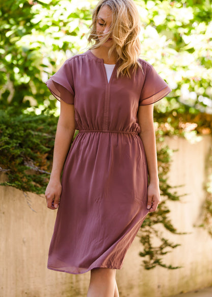 rose colored women's flutter sleeve midi dress