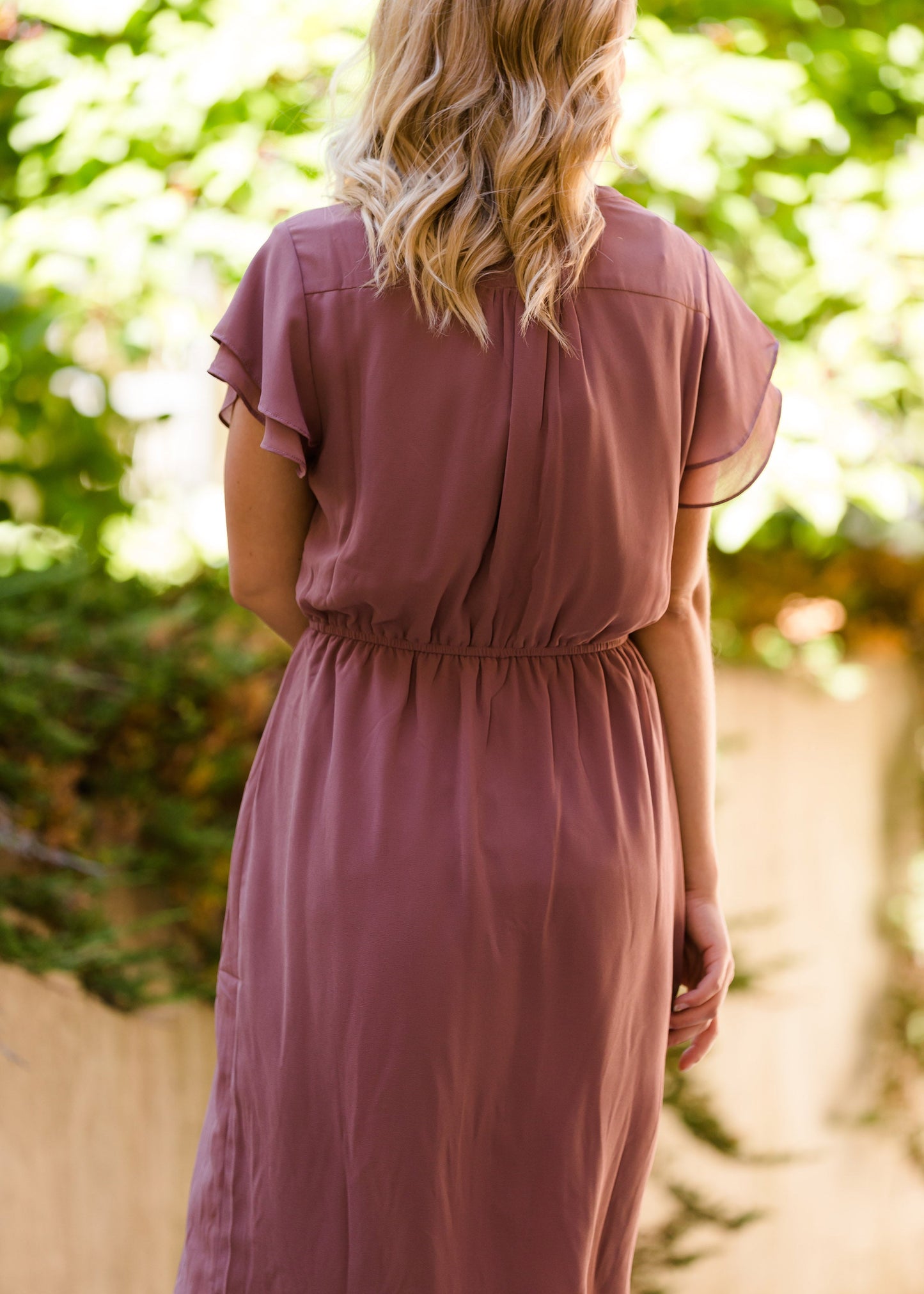 rose colored women's flutter sleeve midi dress