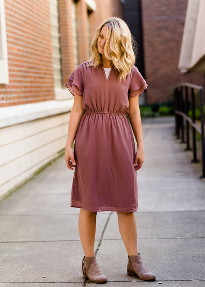 rose colored women's flutter sleeve midi dress