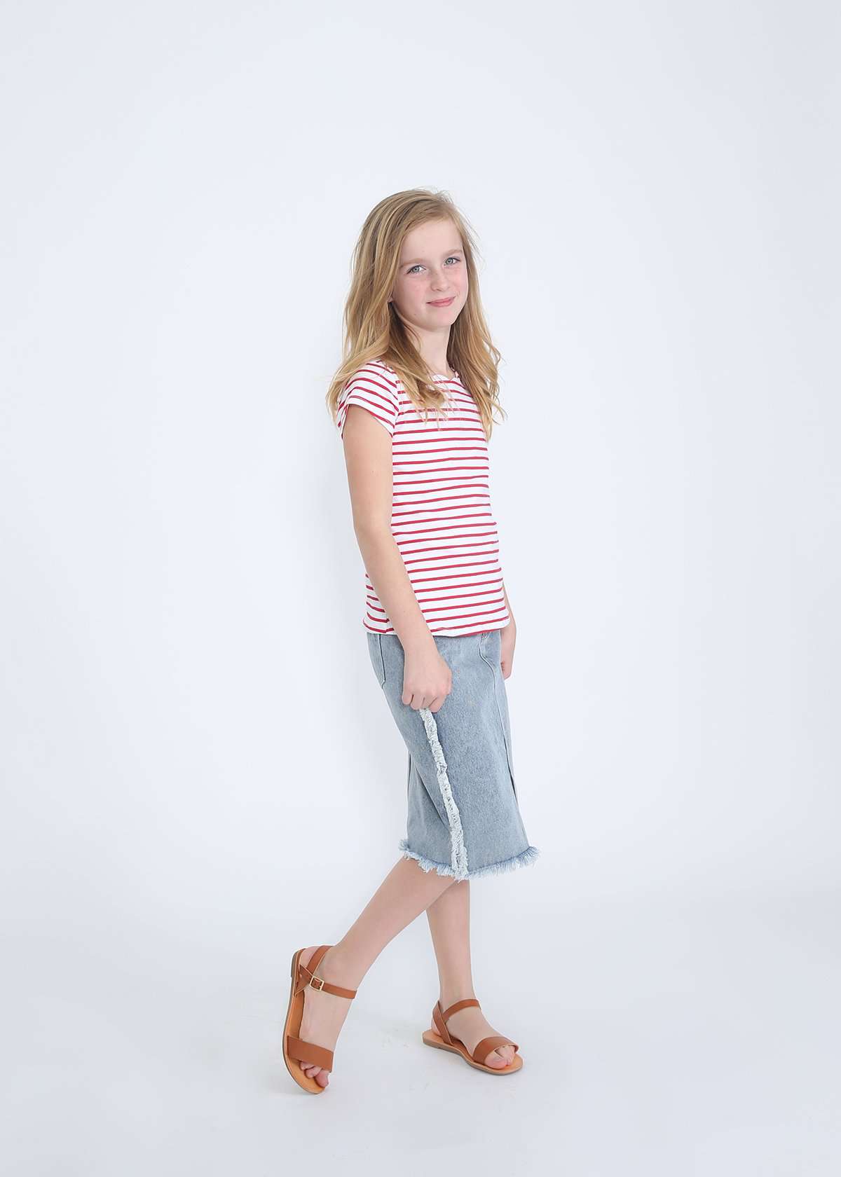 girls modest frayed denim skirt