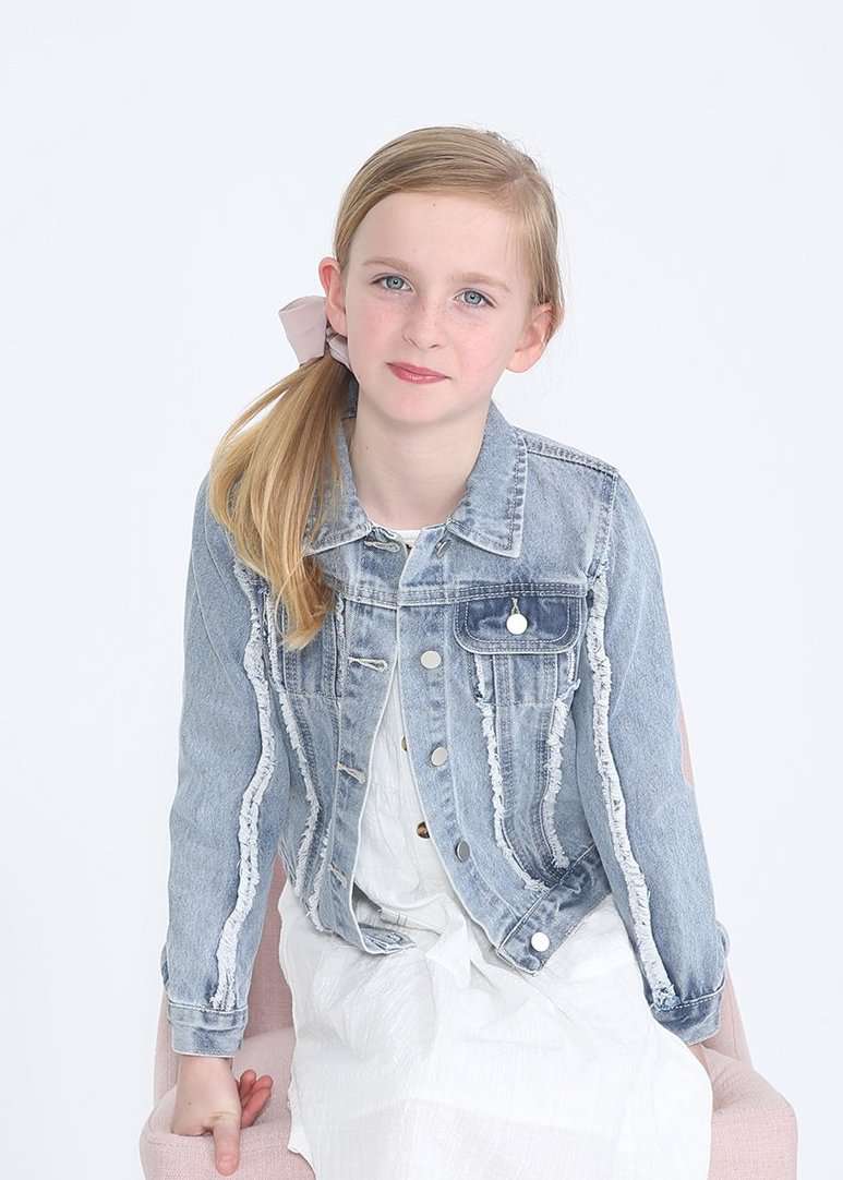 girls modest frayed denim jean jacket