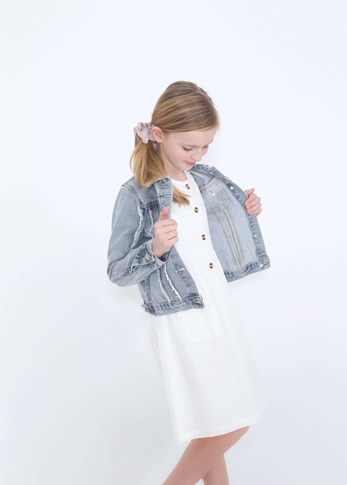 girls modest frayed denim jean jacket