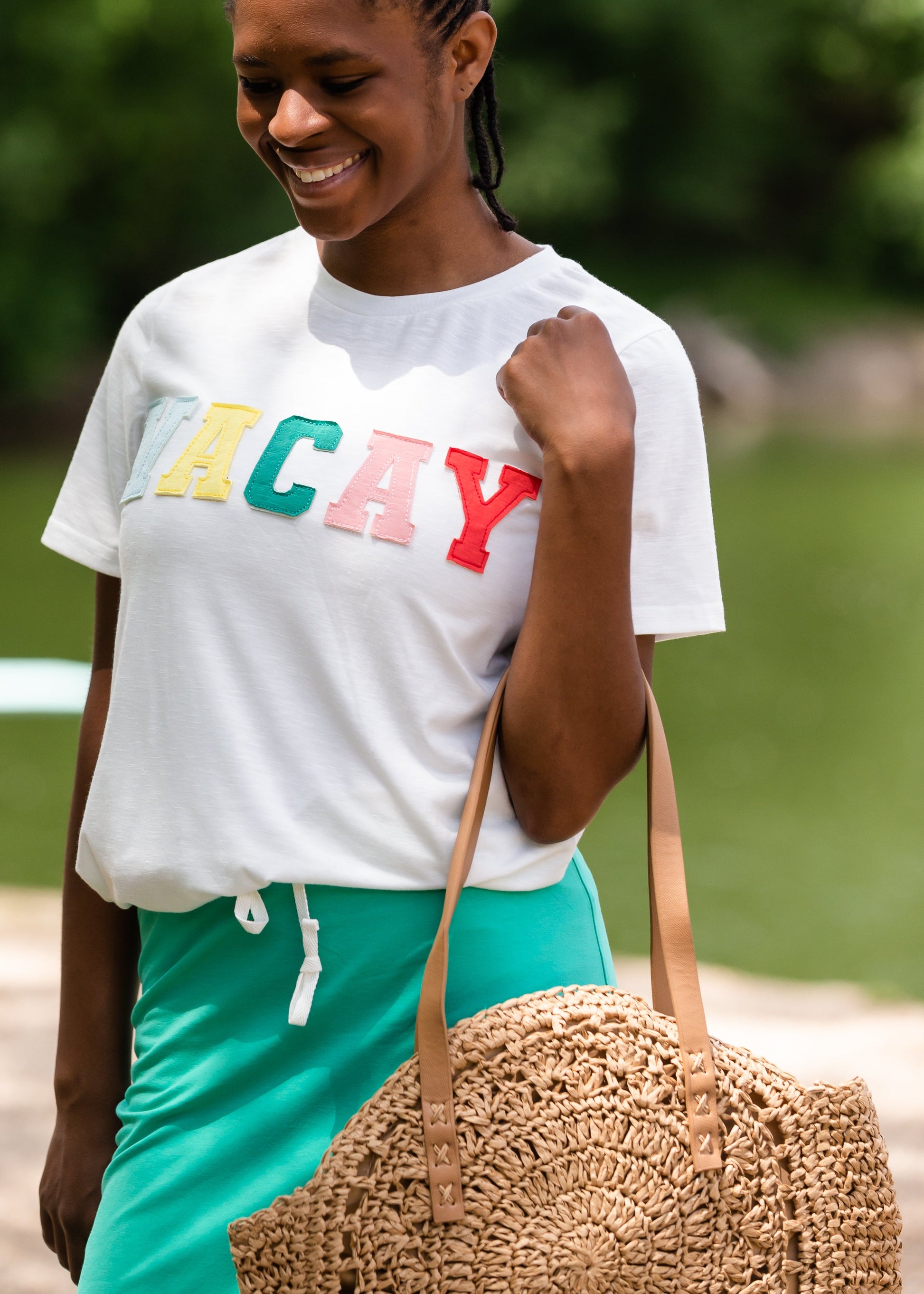 Front Patched Vacay Ivory Tee Shirt - FINAL SALE Tops