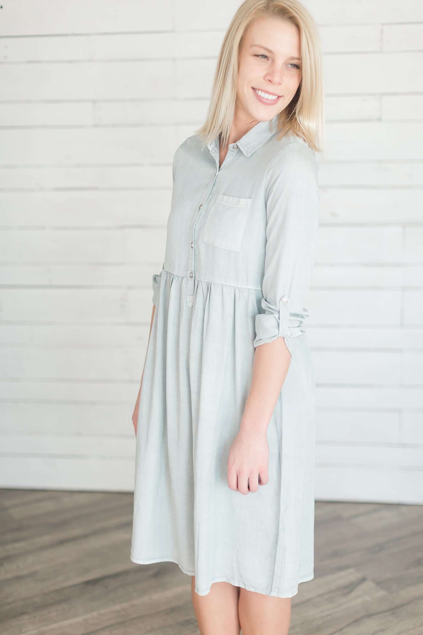 Gathered Chambray Shirt Dress Dresses