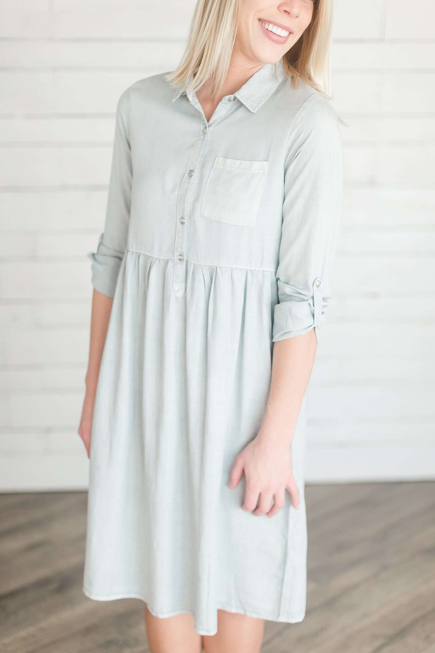 Gathered Chambray Shirt Dress Dresses