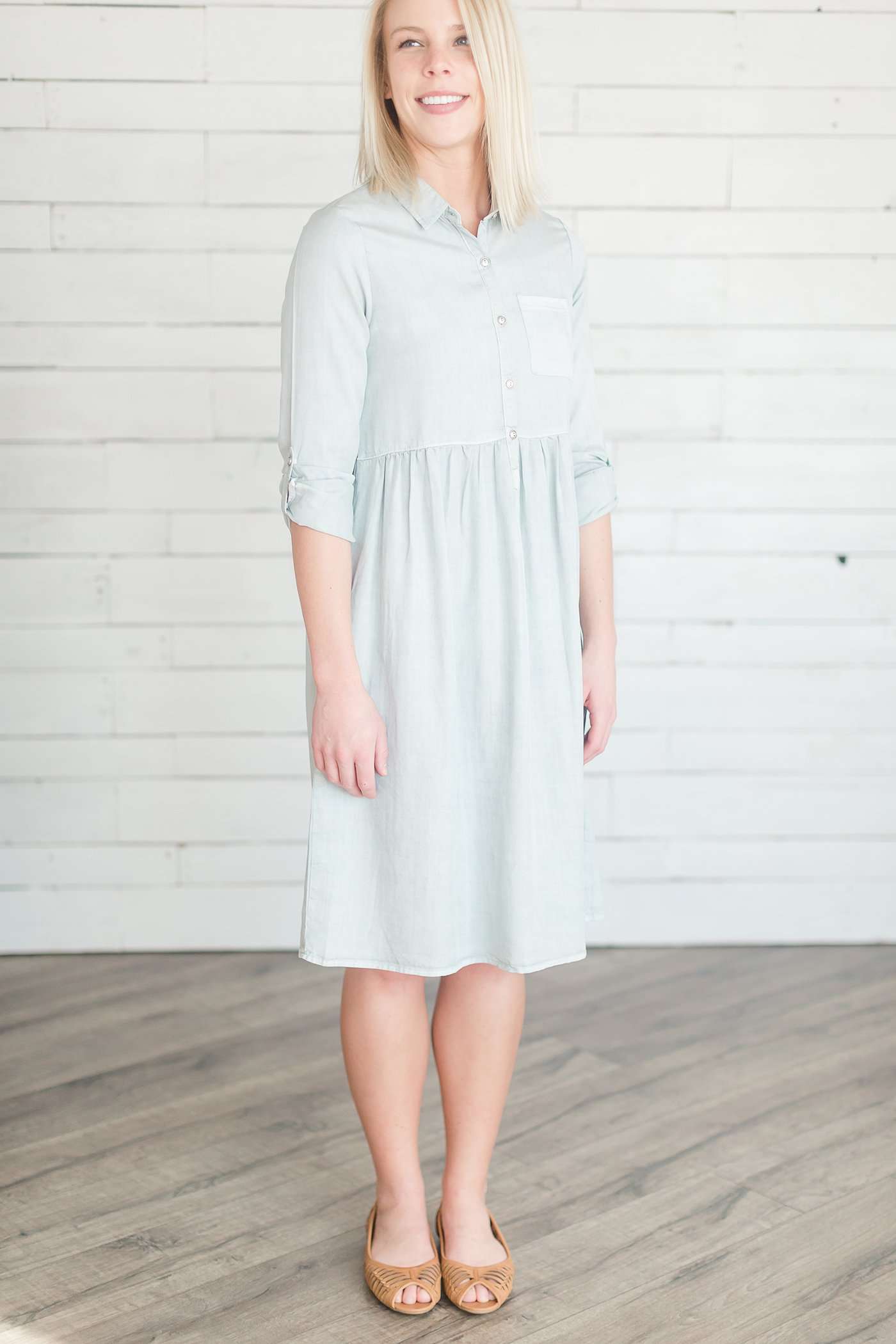 Gathered Chambray Shirt Dress Dresses