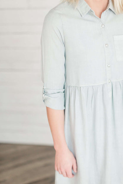 Gathered Chambray Shirt Dress Dresses