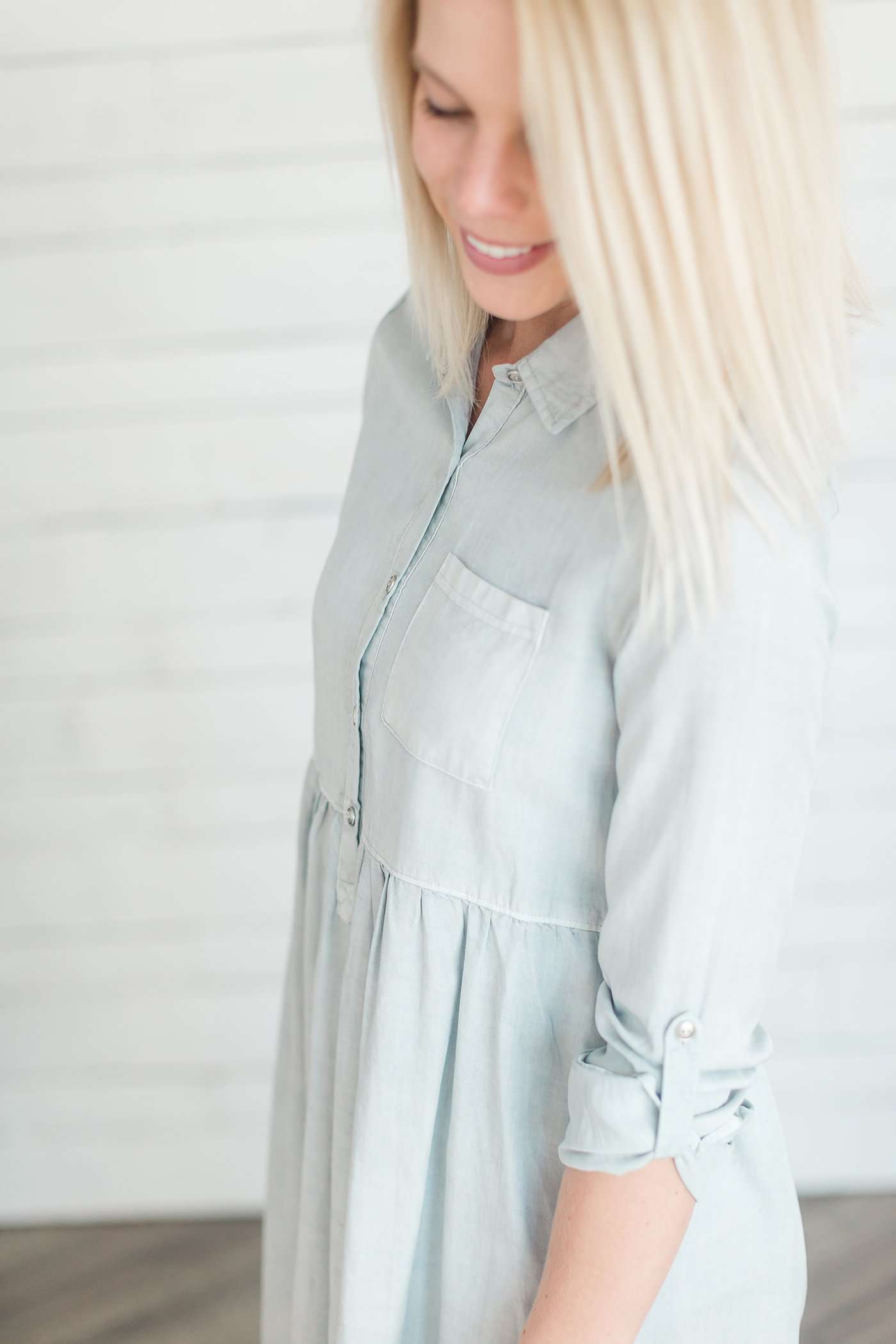 Gathered Chambray Shirt Dress Dresses