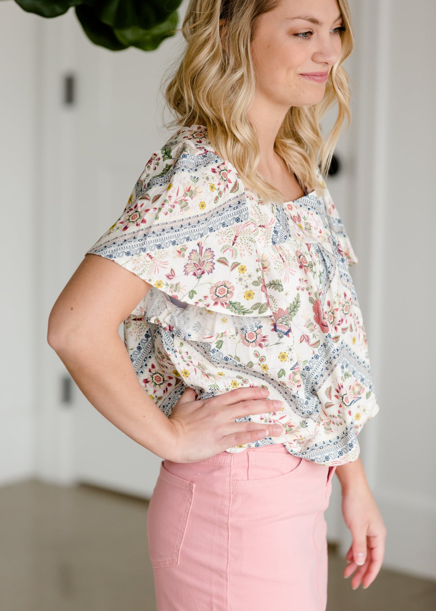 Geometric Floral Short Sleeve Top - FINAL SALE Tops