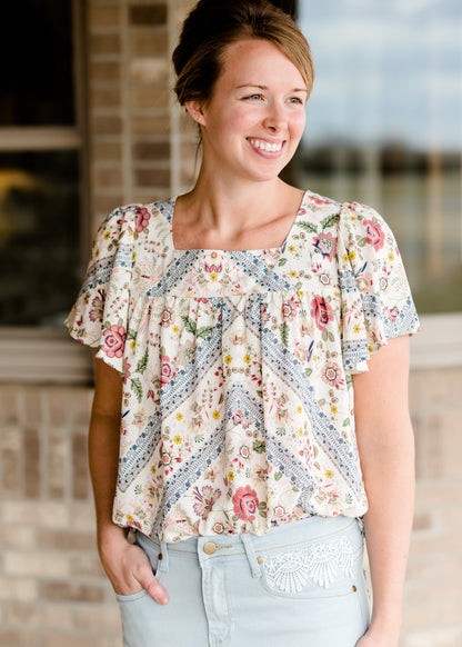 Geometric Floral Short Sleeve Top - FINAL SALE Tops